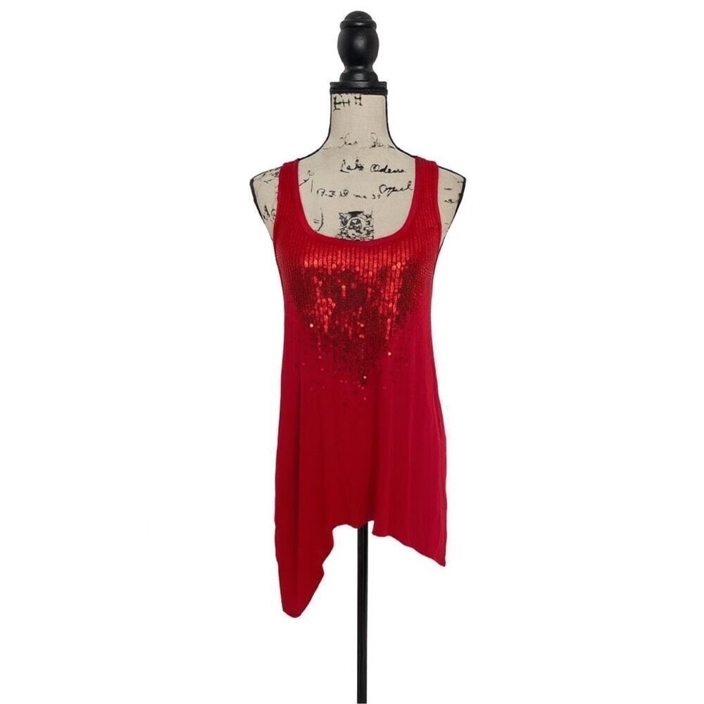One World Women’s Red Sequin Embellished Tank Top Size S – Asymmetrical Hem Slee